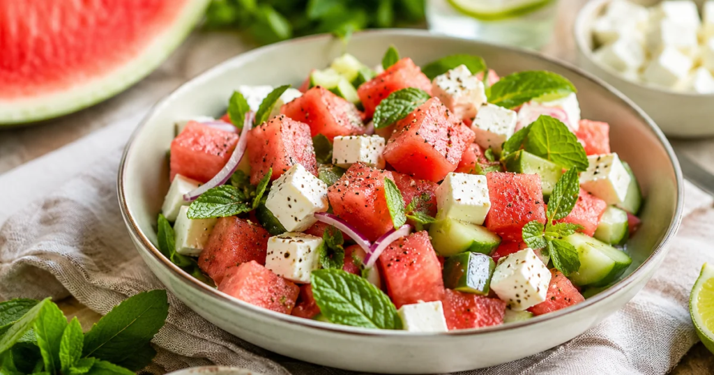 Wassermelonen Salat Sommerrezept, Foto ki-generiert Wassermelonen-Salat-Rezept mit Feta und Minze, ein Rezept von gesund beschwingt KG - Bioresonanz und Darmgesundheit