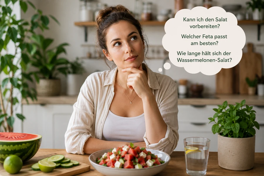 Frau sitz mit fragendem Blick vor ihrer Schüssel mit dem Wassermelonen-Salat, Foto: Ki-generiert Fragen zum Wassermelonen-Salat Sommerrezept, ein Rezept von gesund beschwingt - Bioresonanz und Darmgesundheit