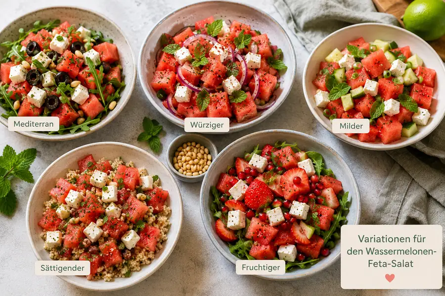 5 verschiedene Variationen des Wassermelonen-Salat-Sommerrezepts nebeneinander gestellt, Foto: ki-generiert Wassermelonen-Salat-Sommerrezeptvariationen, ein Rezept von gesund beschwingt - Bioresonanz und Darmgesundheit