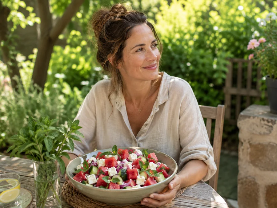Frau sitzt entspannt im Garten mit einer großen Schüssel Wassermelonen-Salat, Foto: ki-generiert Wassermelonen-Salat Sommerrezept, ein Rezept von gesund beschwingt - Bioresonanz und Darmgesundheit