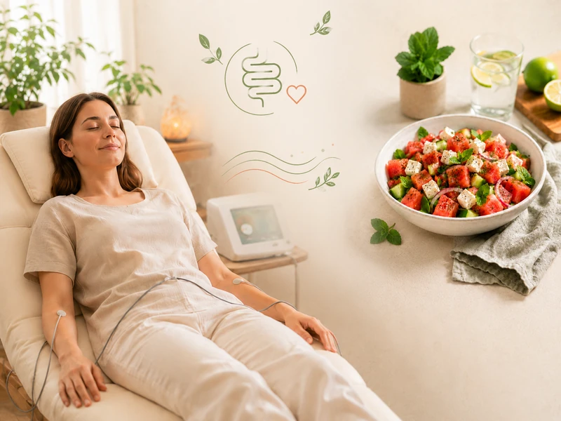 entspannte Frau liegt auf Liege und freut sich auf Sommerrezept, Foto: ki-generiert Wassermelonen Salat Sommerrezept, ein Rezept von gesund beschwingt - Bioresonanz und Darmgesundheit