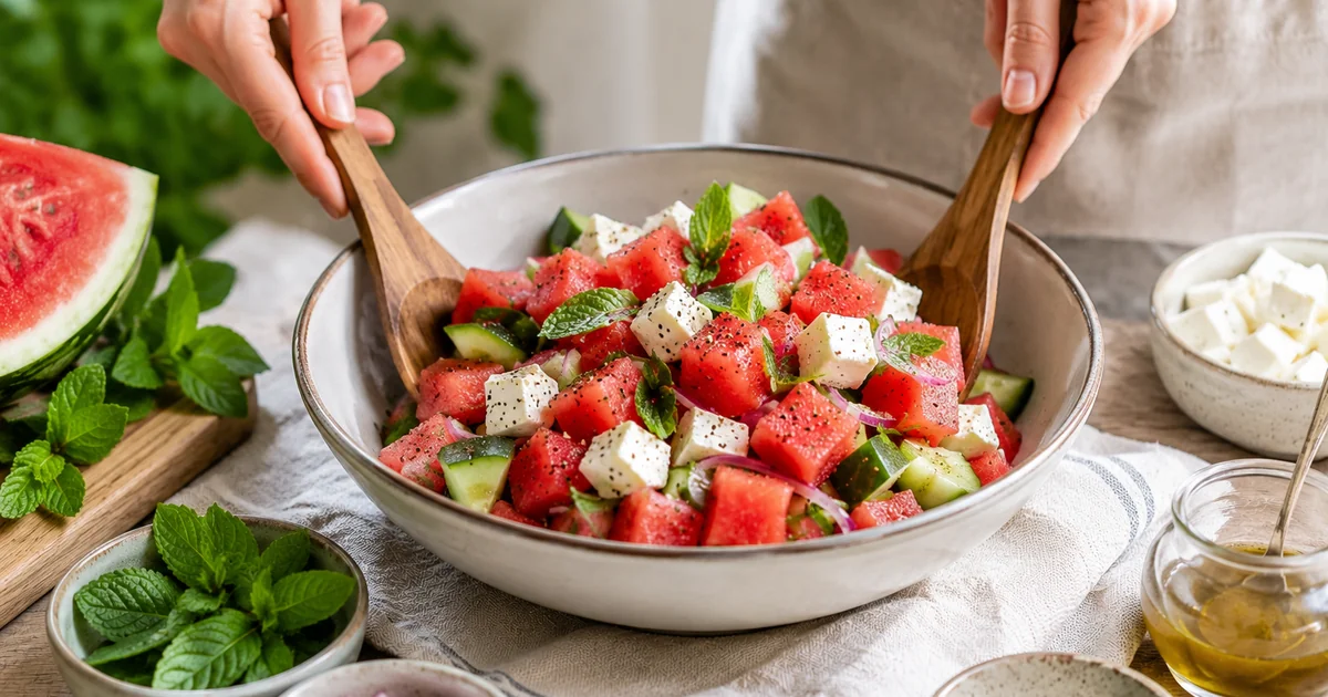 Wassermelonen-Salat mit Gurke, Feta und Minze, Sommerrezept, ein Rezept von gesund beschwingt - Bioresonanz und Darmgesundheit