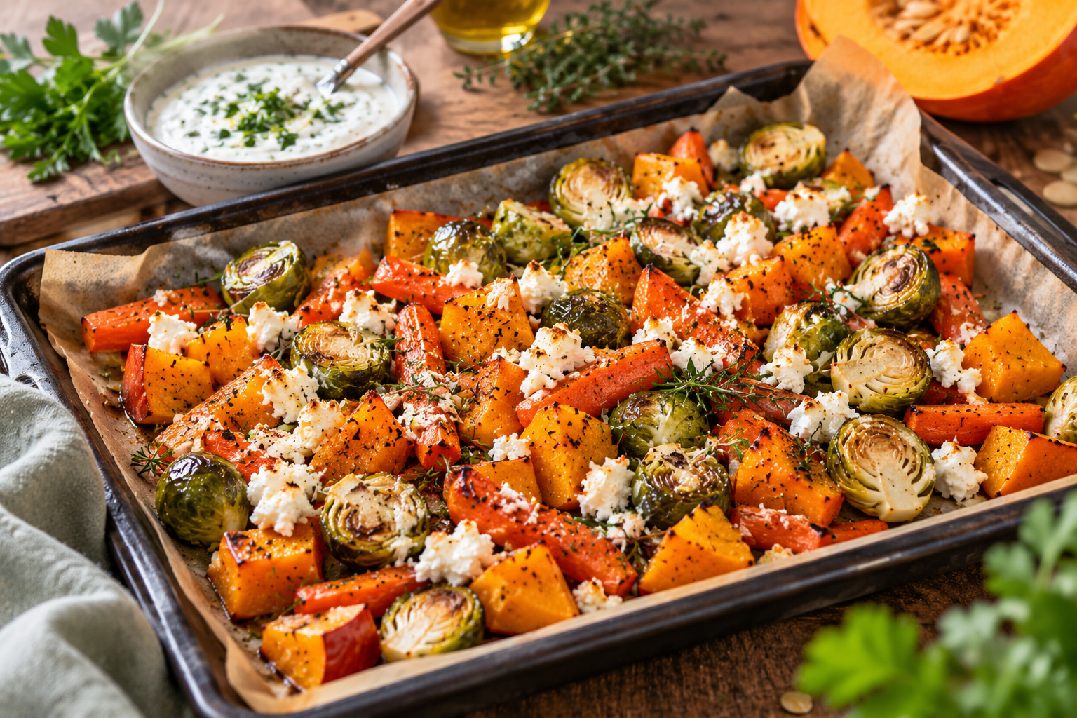 Herbstliches Ofengemüse mit Kürbis, Kohlsprossen und Feta