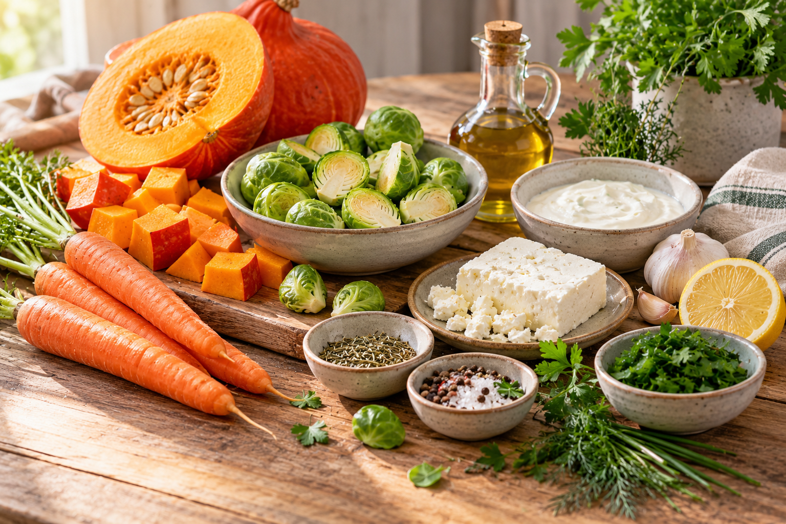 Zutaten für Ofengemüse mit Kürbis, Kohlsprossen und Feta