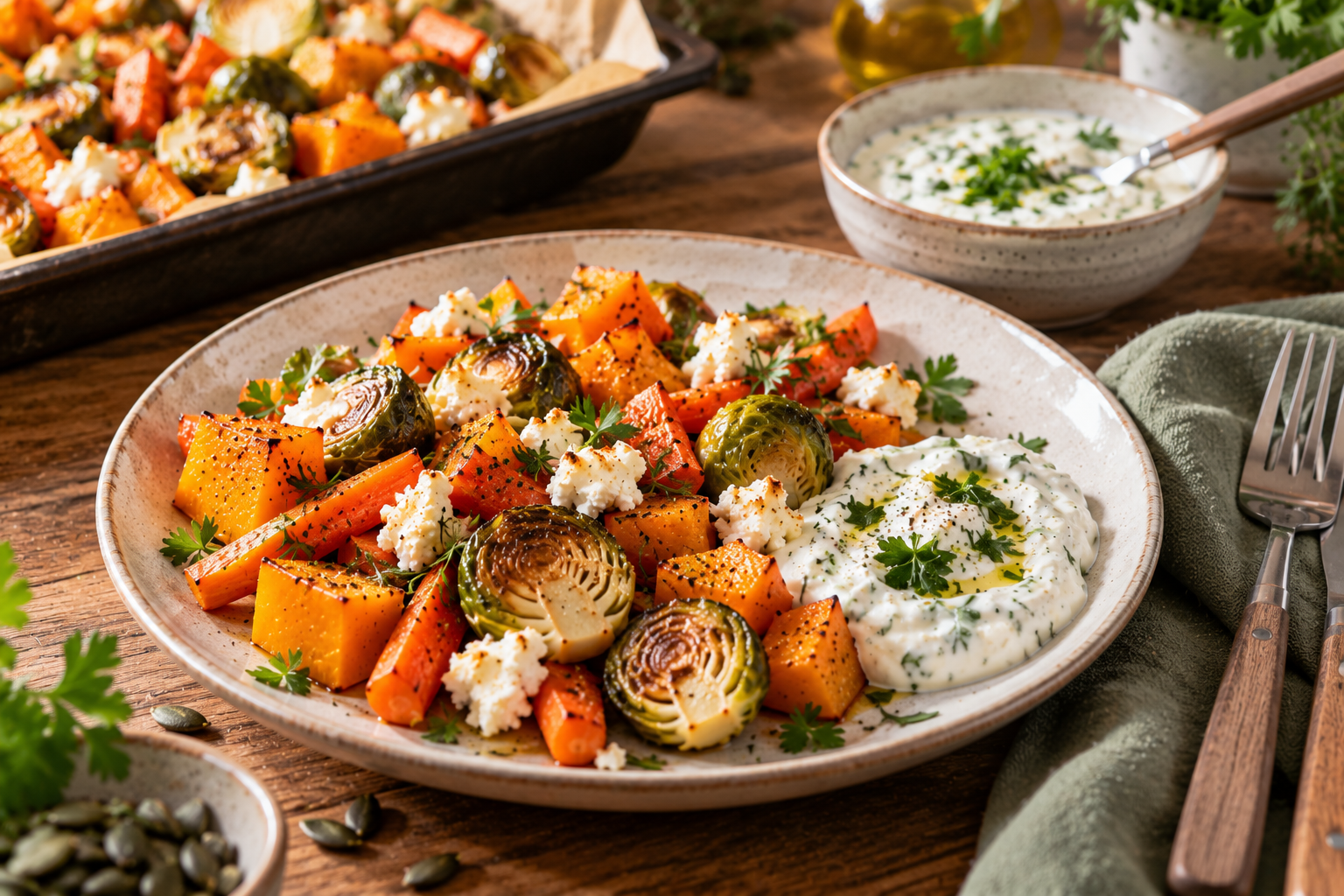 Angerichtetes Ofengemüse mit Feta und Kräuter-Dip