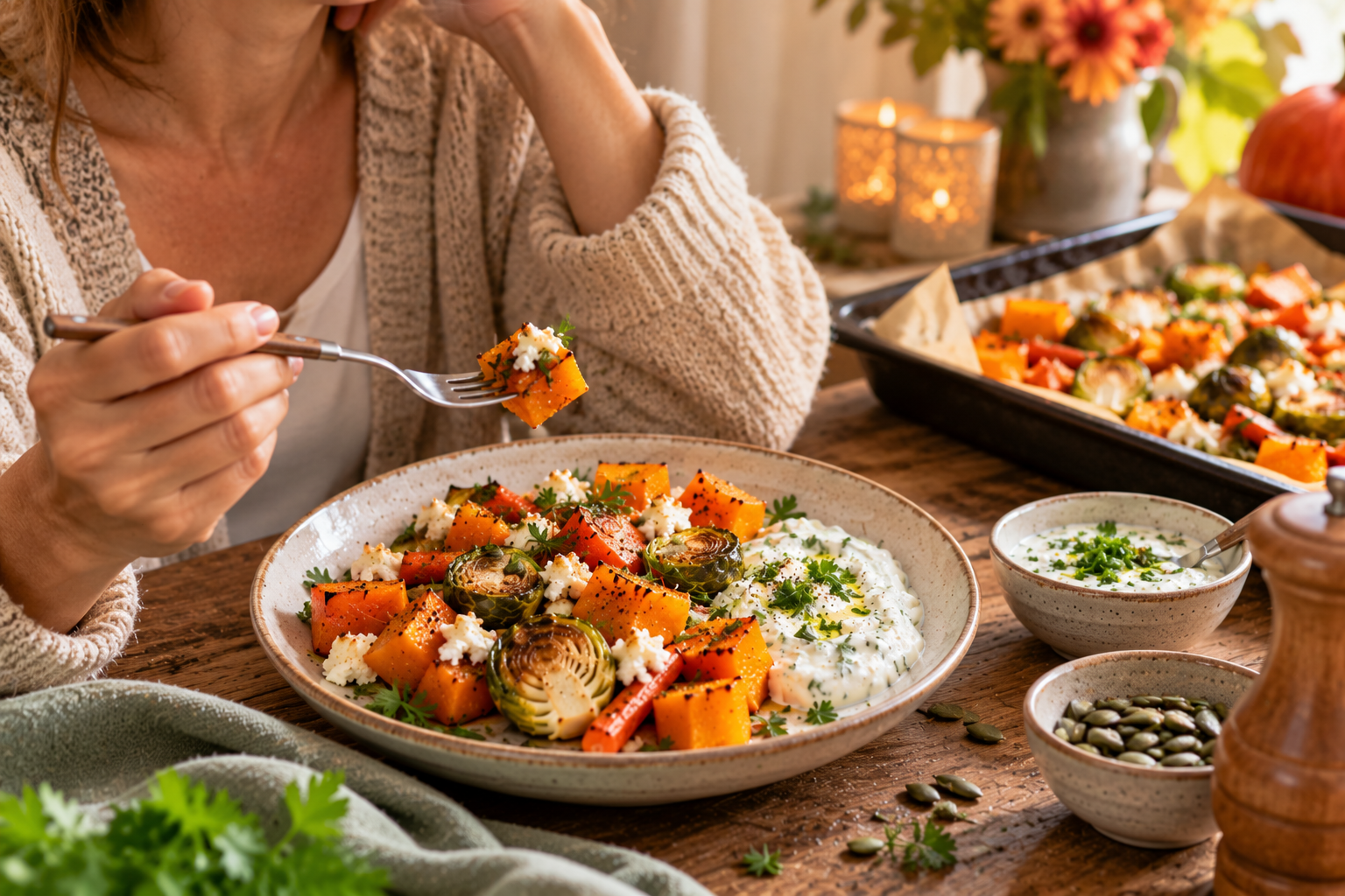 Herbstliches Ofengemüse mit Kürbis und Kohlsprossen