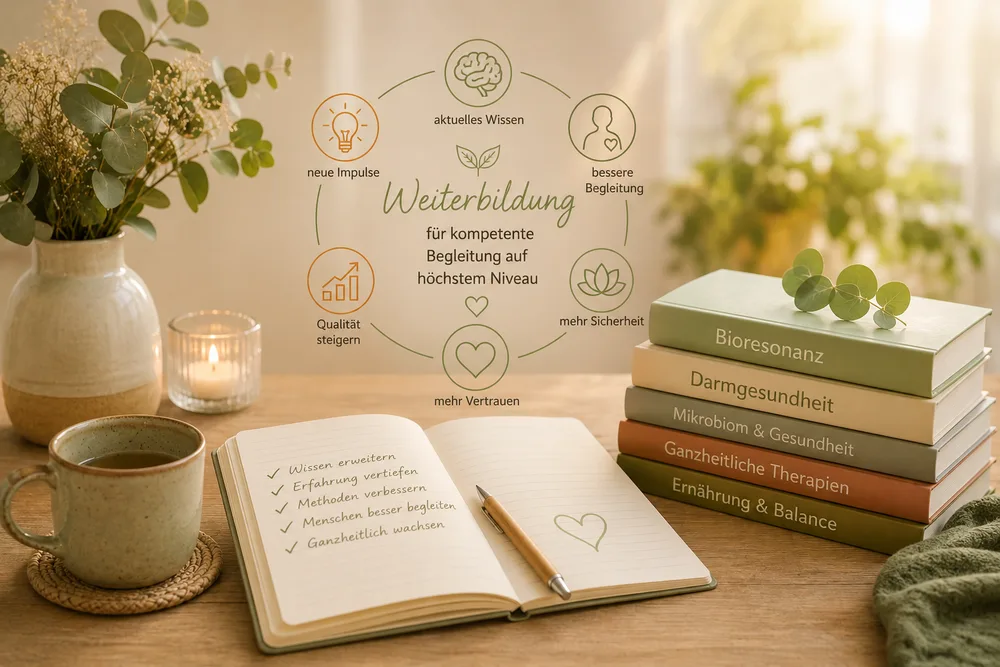 Illustration verschiedener Fortbildungsthemen mit Fachbüchern und Notizbuch