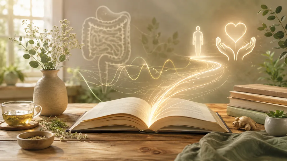 Symbolische Illustration eines offenen Fachbuchs mit leuchtenden Linien und Gesundheitssymbolen